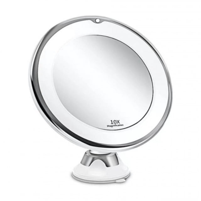 Espejo cosmético con aumento de 10x e iluminación LED para maquillaje.