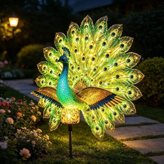 Solar Peacock Garden Sculpture, LED Outdoor Lighted Peacock Statue for Yard Patio Lawn Walkway Decor