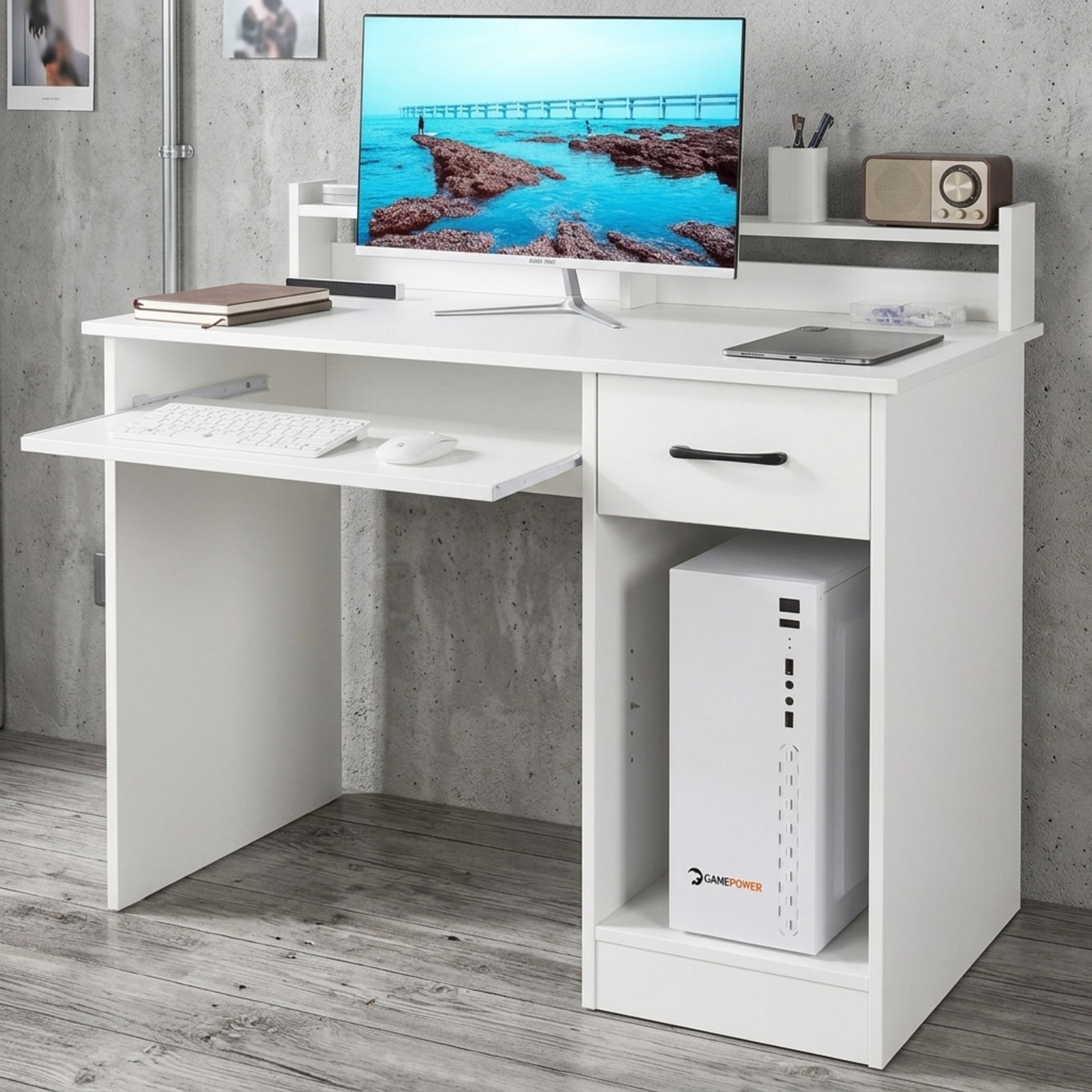 Furnibear Study Laptop Table Computer Desk with Drawer Keyboard Tray and Adjustable Shelf for Home Office Bedroom Study, White