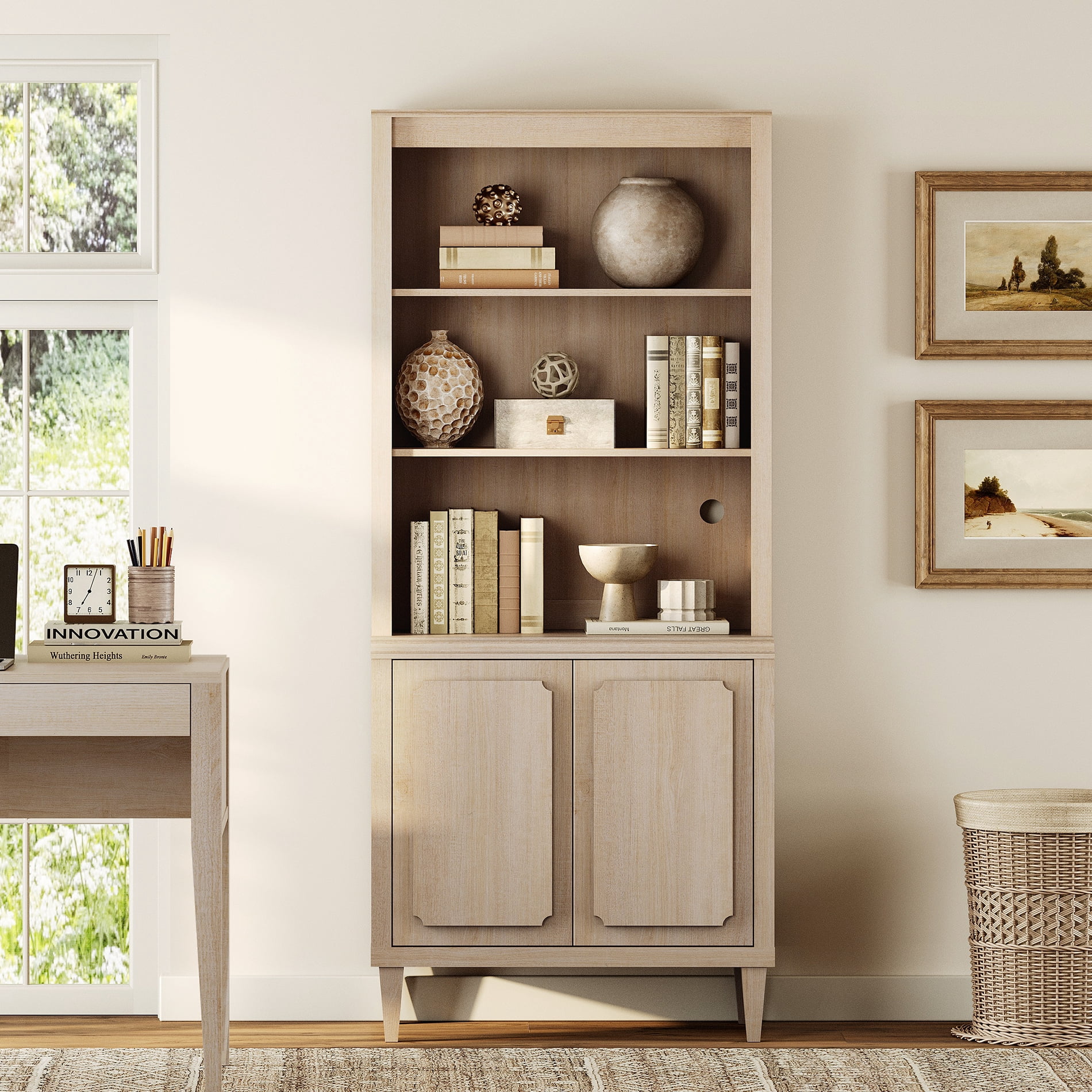 Tall Bookshelf with Doors, 72.8 Inch Large Wood Bookshelf with Storage