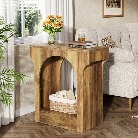 Finmind End Table, 23.6 Inch Wooden Side Table with Storage Space for Living Room, Narrow Nightstand for Bedroom,  Brown