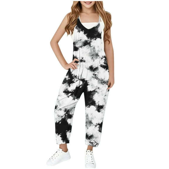 Fancifize Tie-Dye Jumpsuits for Girls Kids Casual Sleeveless Overalls Jumpsuits Spaghetti Strap Romper Long Pants with Pockets Size 5-14Y