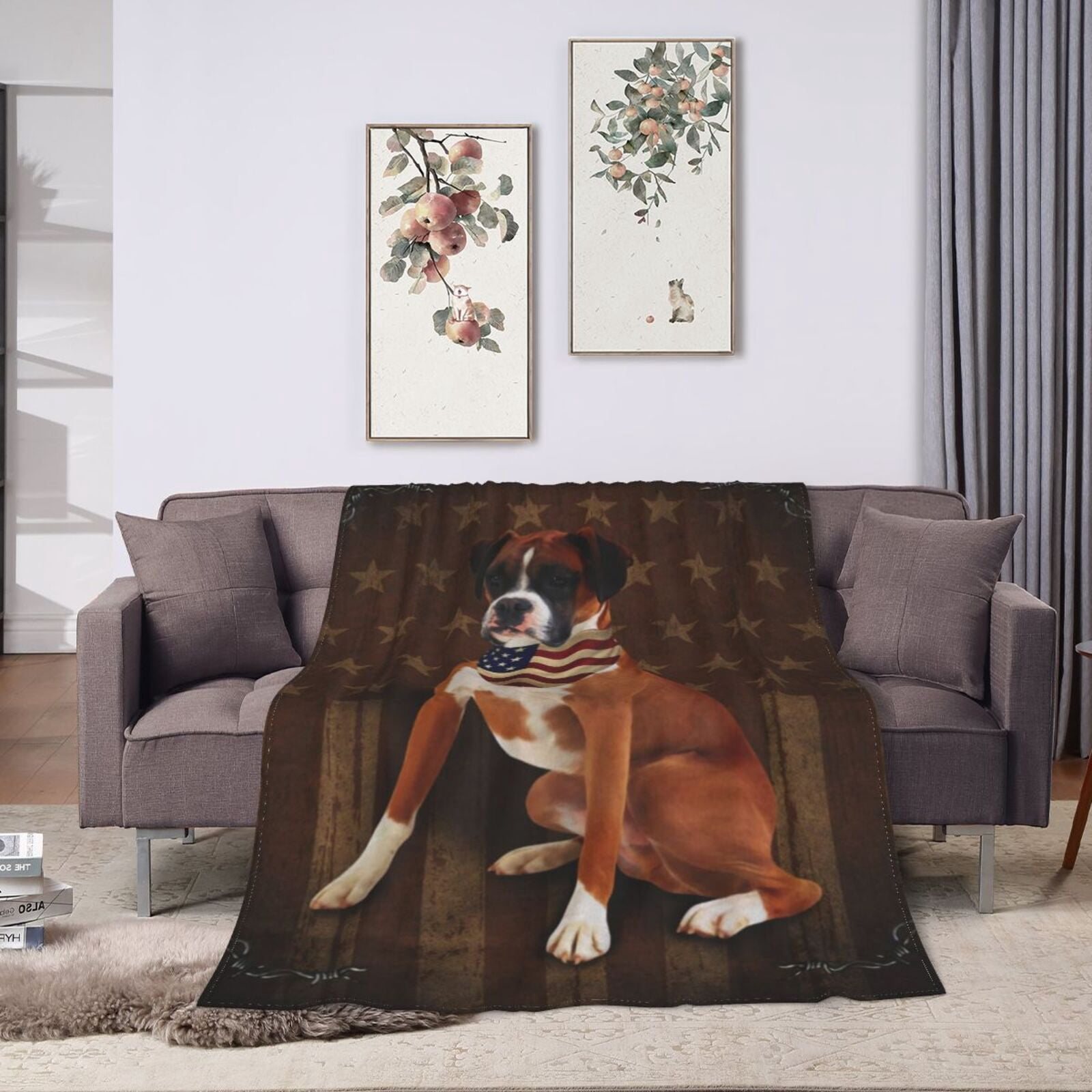 Wijzvio Boxer Dog With Vintage American Flag Throw Blanket Soft Fuzzy Fleece Blanket For Couch Bed Living Room Decoration 50"X40"