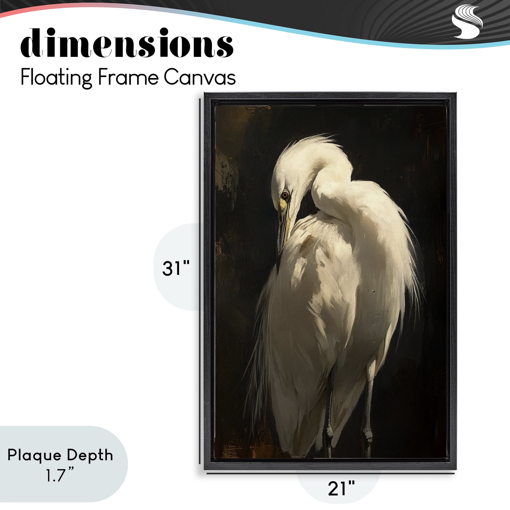 Stupell Industries Feathered Egret in Soft Light Black Framed Floater Canvas Wall Art, design by Petal Prints Design