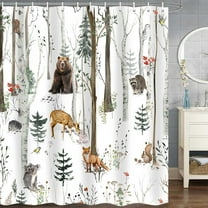 Rustic Forest Shower Curtain for Bathroom, Woodland Tree Lodge Cabin Shower Curtain, Wild Animal Bear Moose Deer Fox in Forest Shower Curtain Set with Hooks, 72X72in