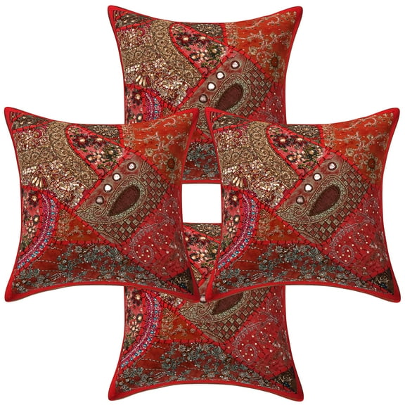 Stylo Culture Ethnic Cotton Living Room Throw Pillow Sham Covers Red 16 x 16 Bohemian Beaded Sequins Patchwork Embroidered Couch Cushion Covers 40x40 cm Home Decor Neck Design Pillow Cases | Set Of 4