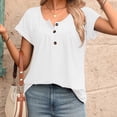 thumbnail image 5 of Women's Curved Hem Short Sleeve Shirts Summer Soft Pleated Scoop Neck Button Down Shirt Loose Fit Casual Daily Wear Tops White, 5 of 8