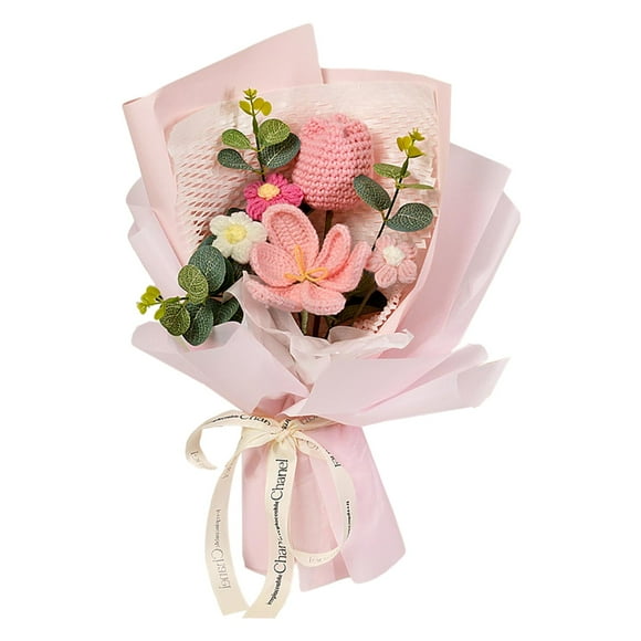 Ramo de flores de tulipán de ganchillo terminado, lindo adorno para decoración del hogar, ramo tejido a mano, decoración del hogar para regalo del Día rosa