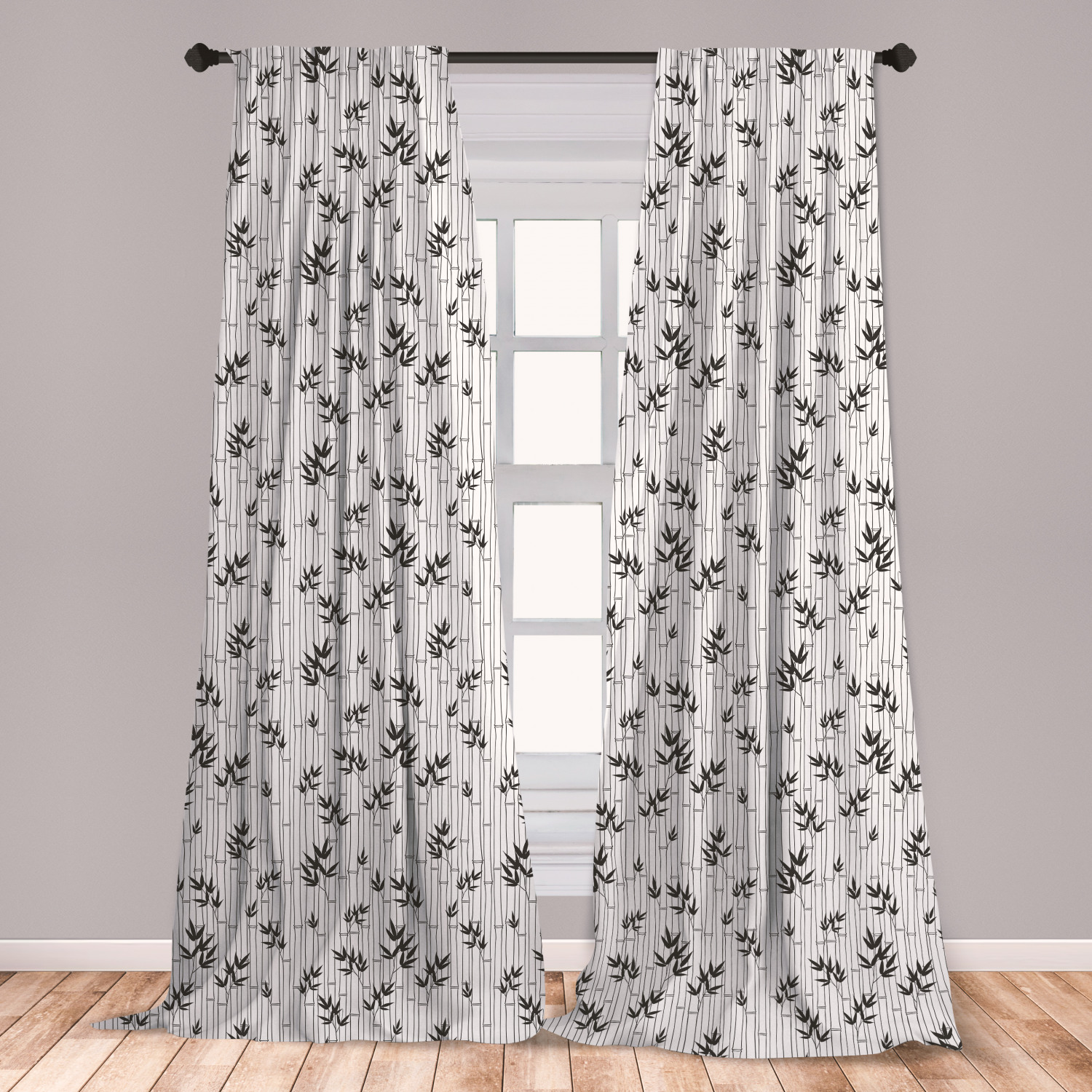 Asian Curtains 2 Panels Set Monochrome Bamboo Pattern With Leaves