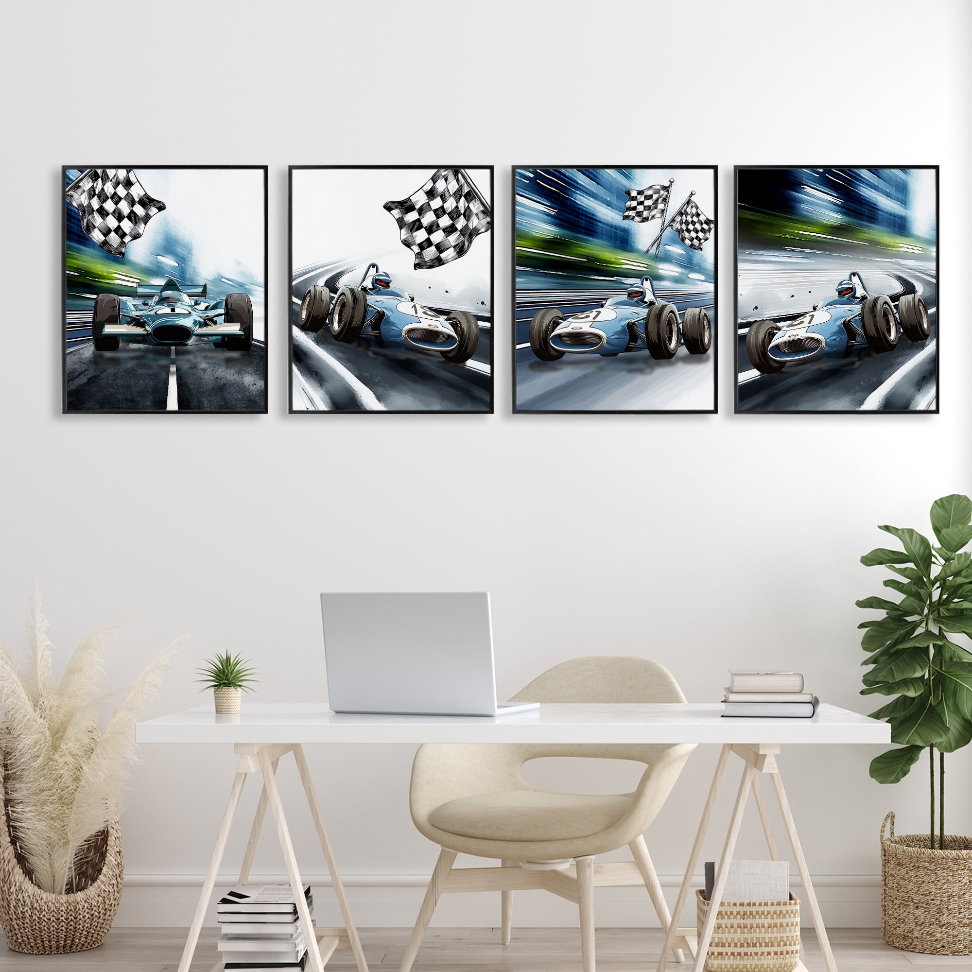 Stupell Industries Ready Set Racecars 4 Piece Black Framed Giclee Art Set, design by Christine Simpson Art