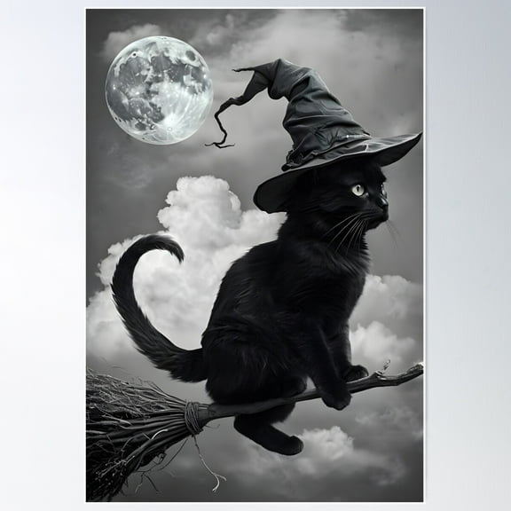 A Witch'S Cat On A Broomstick. Poster Wall Art, Modern Wall Decor For Living Room Bedroom, 8x12 UNFRAMED