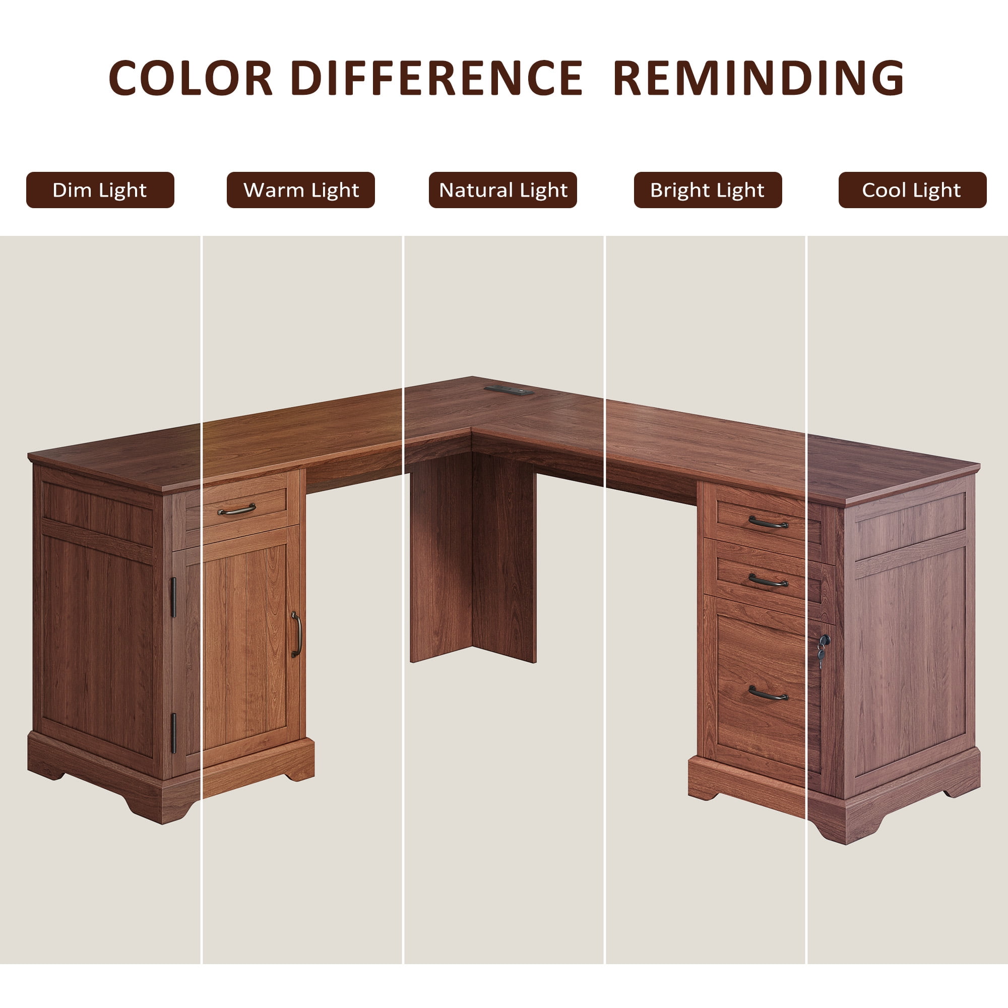 67'' Farmhouse L Shape Desk with File Drawers and Charging Station for Home Office, Cherry Brown