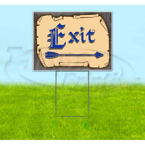 Medieval Fair Exit Right Arrow Blue Scroll (18" X 24") Yard Sign, Includes Metal Step Stake