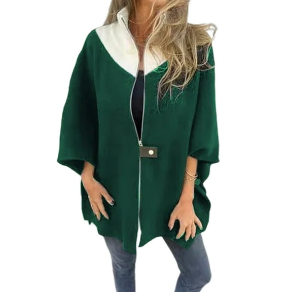 Fall Winter Women Jacket Loose Stand Collar Colorblock Zipper Closure Three-quarter Horn Sleeves Mid Length Casual Daily Wear Jacket