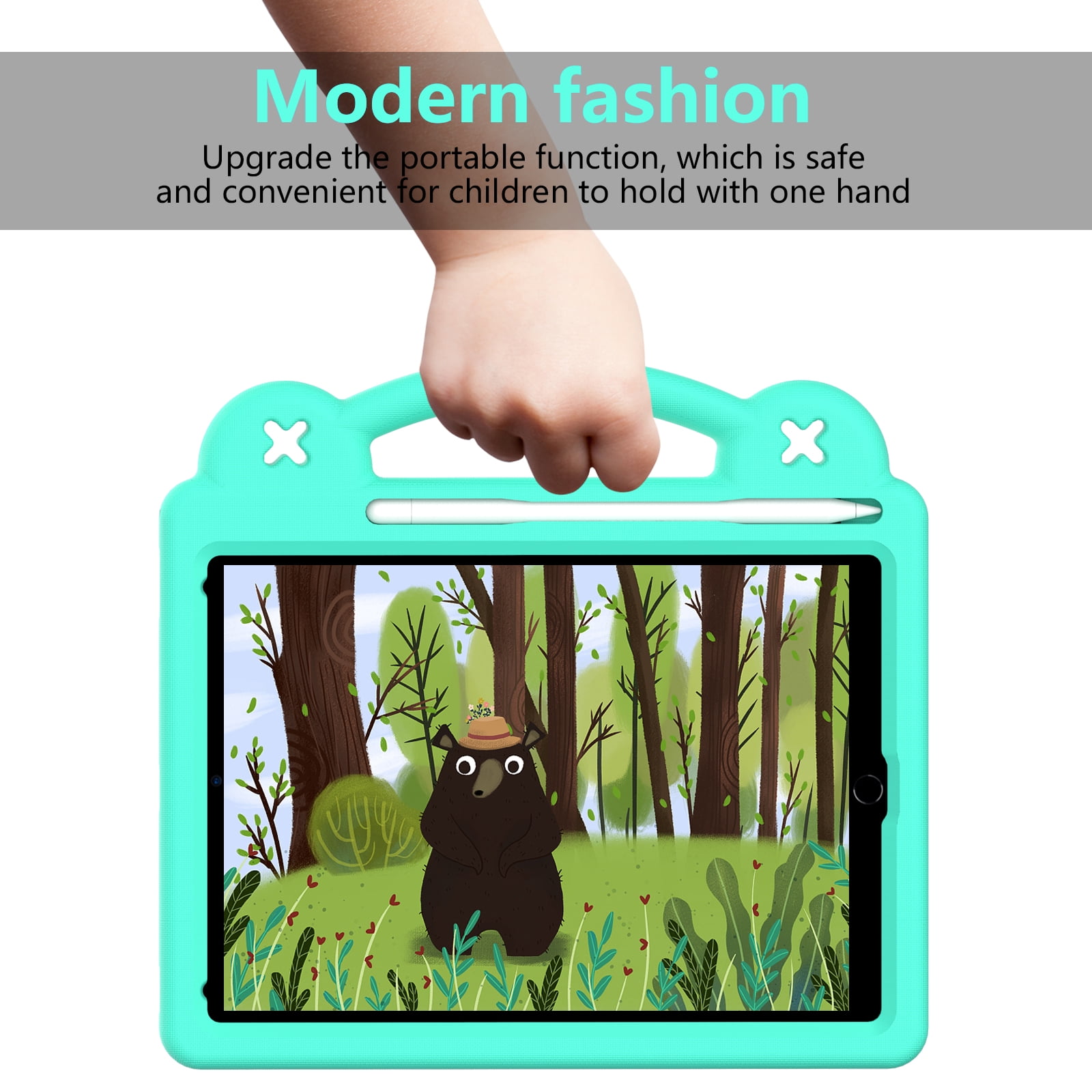 ELEHOLD Kids Case for iPad 6th/5th Gen/Pro (2018/2017/2016) 9.7 inch, EVA Foam Cute Cartoon Case with Built-in Kickstand Pencil Holder Shockproof Portable Case for iPad 9.7"/iPad Air/Air 2,Mintgreen