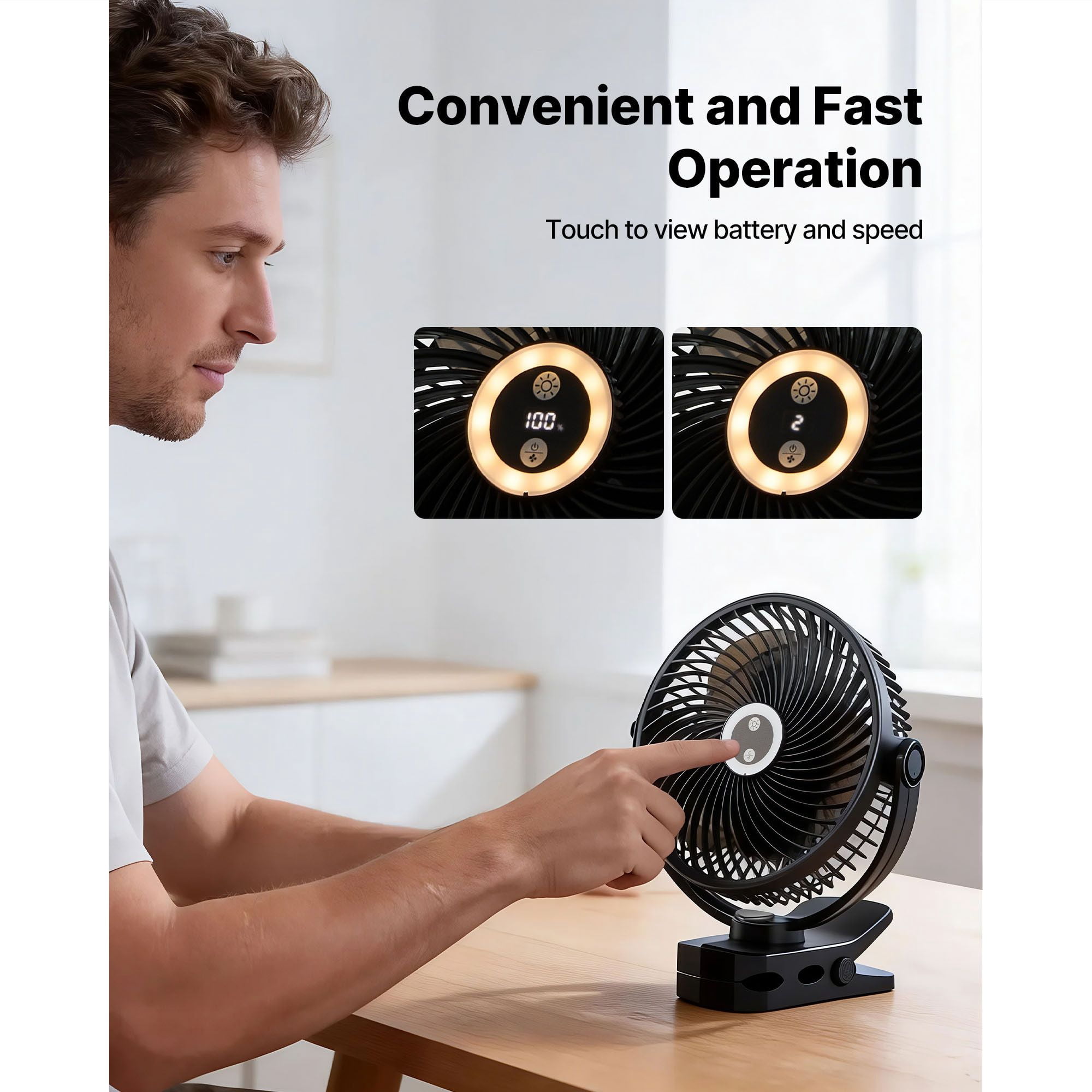 Clip Fan with LED Light, 2-Level Camping Light, 4 Speeds + Circulation Mode, 37Wh Dual-Cell Battery, Type-C Fast Charging, Touch Control for Desk and Outdoor