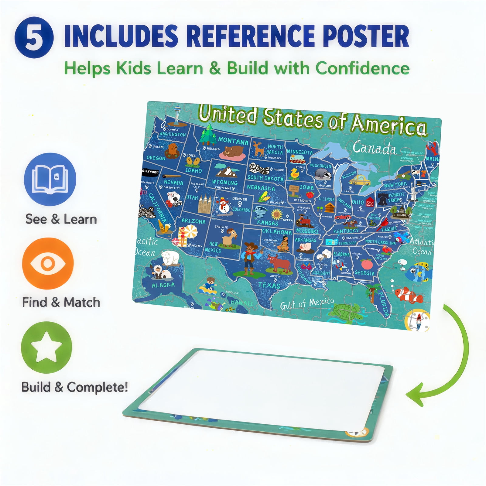 GoGoPlay Wooden U.S. Map Puzzle, 60 Pieces, Educational Geography