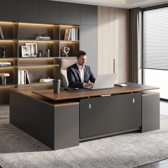 79" L-Shaped Executive Desk, Height Adjustable Standing Desk, Dual Motors, File Cabinet, Drawers, Power Outlets & USB Ports, Walnut & Black