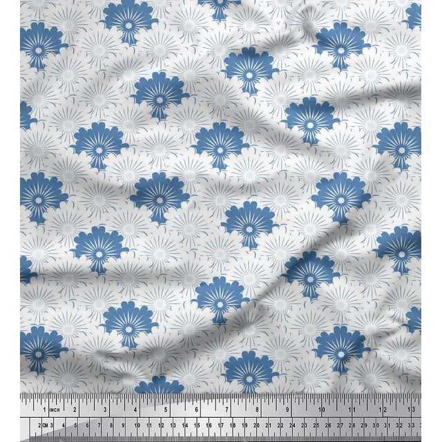 Soimoi Blue Poly Georgette Fabric Artistic Floral & Scale Geometric Print Fabric by the Yard 52 Inch Wide