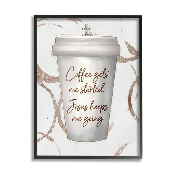 Coffee Gets Me Started Faith Based Phrase Cup Black 11 in x 14 in Framed Painting Art Print, by Stupell Home Décor