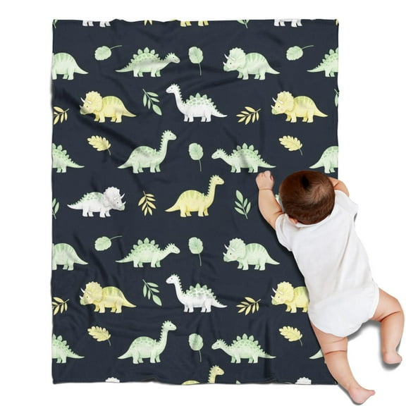 DarkBlue Cartoon Dinosaurs Leaves Pattern Blanket,Comfortable Soft Flannel Throw Blanket,All Season,Warm Lightweight Blankets for Sofa Bed Couch Living Room Chair,30"x40"
