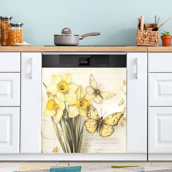 Dailycode Dishwasher Magnet Cover Magnetic Fridge Door Cover Home Kitchen Decor, Yellow Flower Butterfly, 23"x 26"
