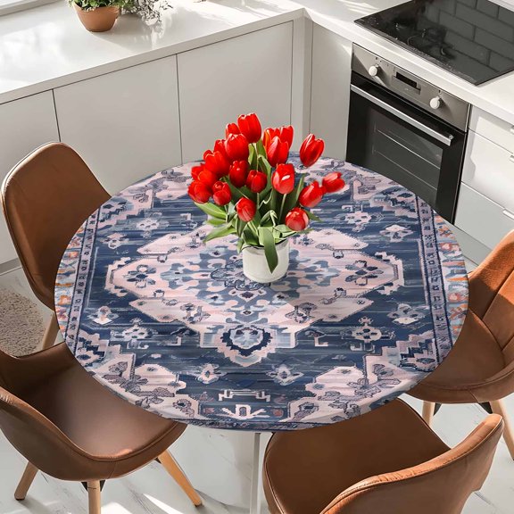 Retro Blue Flowers Texture Elastic Fitted Round Tablecloth Boho Ethnic Style Waterproof Outdoor Table Cover for Holiday Party, Picnic, Patio & Dining Fits Tables Up to 55"-60"