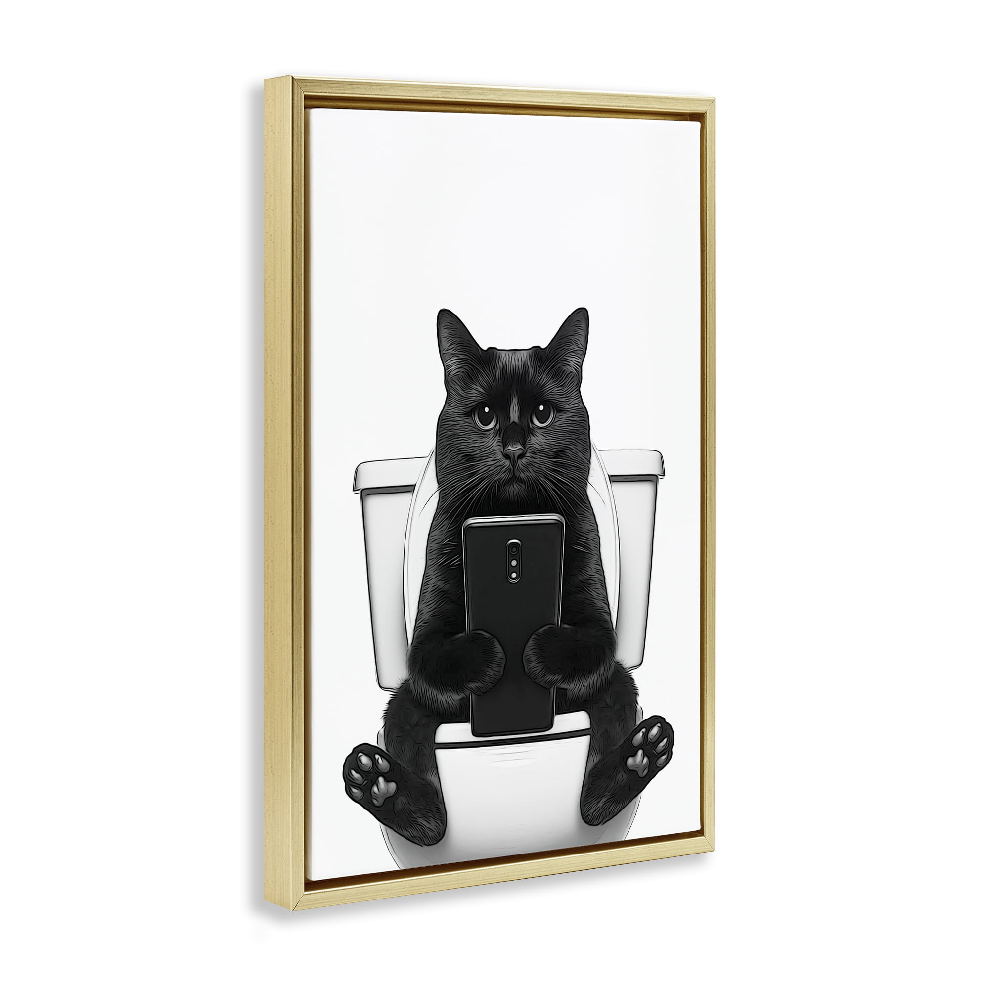 Stupell Industries Cat Texting on Toilet Typography Painting Gold Floater Framed Canvas Art Print Wall Art, 17 x 25