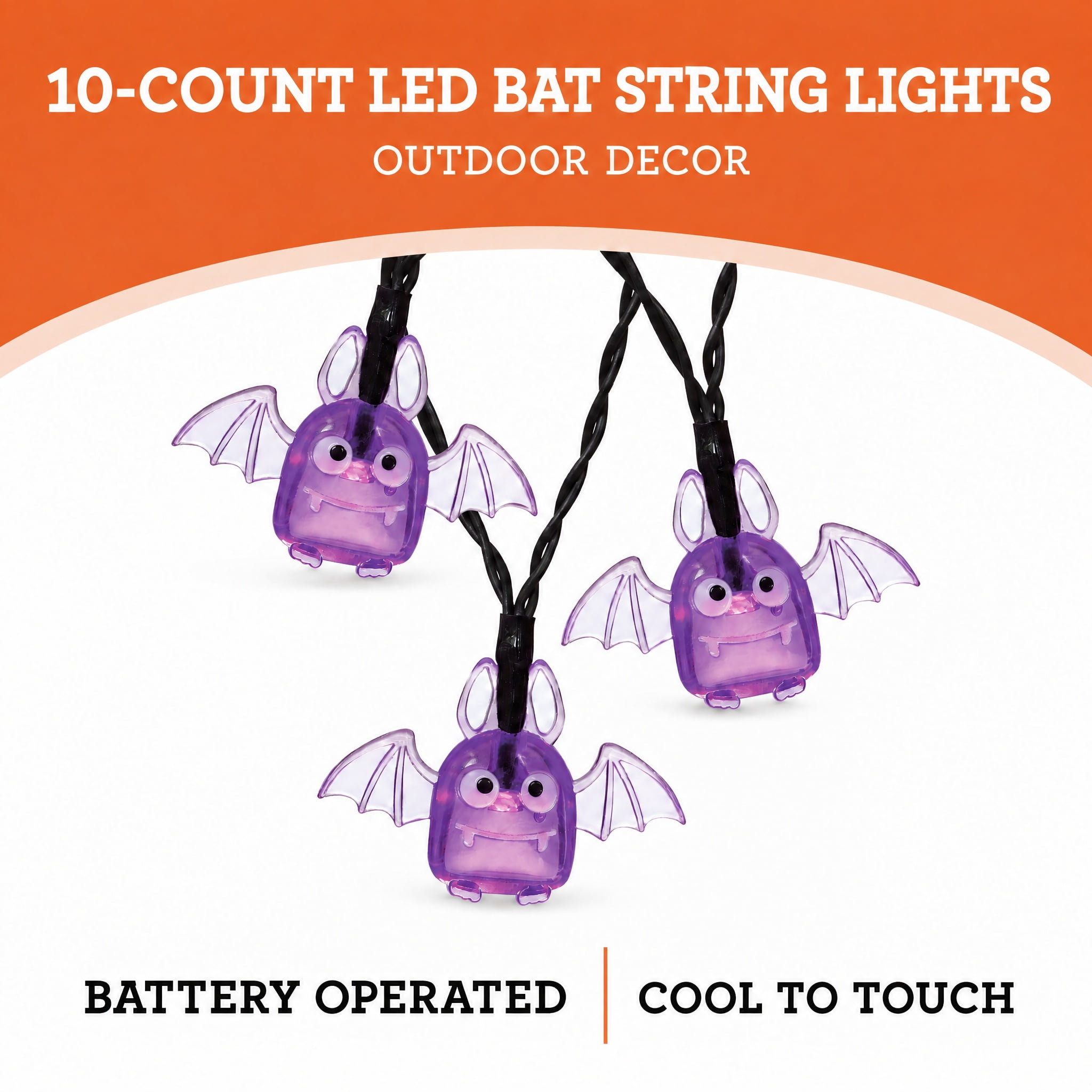 Indoor 10-Count Battery-Operated LED Bat String Lights, Purple, 3', Halloween by Way To Celebrate