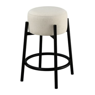 25 Inch Set of 2 Round Counter Height Stools Black White Fabric Pouf Seat - Saltoro Sherpi