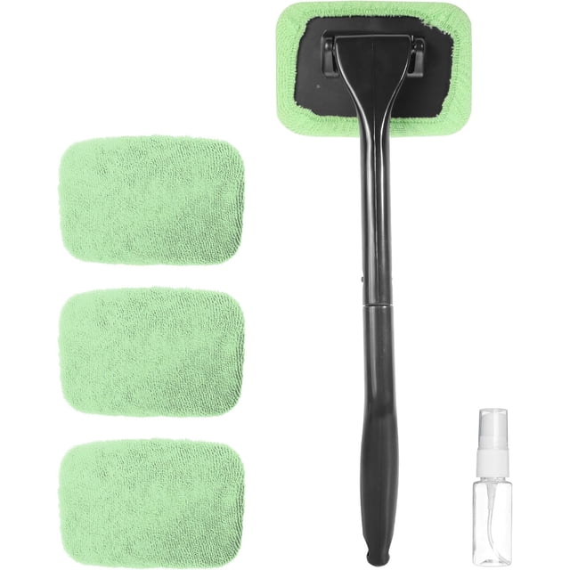 Car Windshield Cleaner Tool,Microfiber Car Window Cleaning Tool with 4 Pcs Reusable Cloth Pads and Spray Bottle,Windshield Cleaning Brush with Long Handle,Suitable for Most Cars,SUVs,RVs