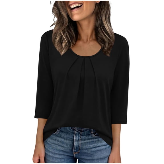 CLOISE 3/4 Sleeve Fall Tops for Women Shirts Solid Color V Neck Pullover Trendy Clothes Black XL