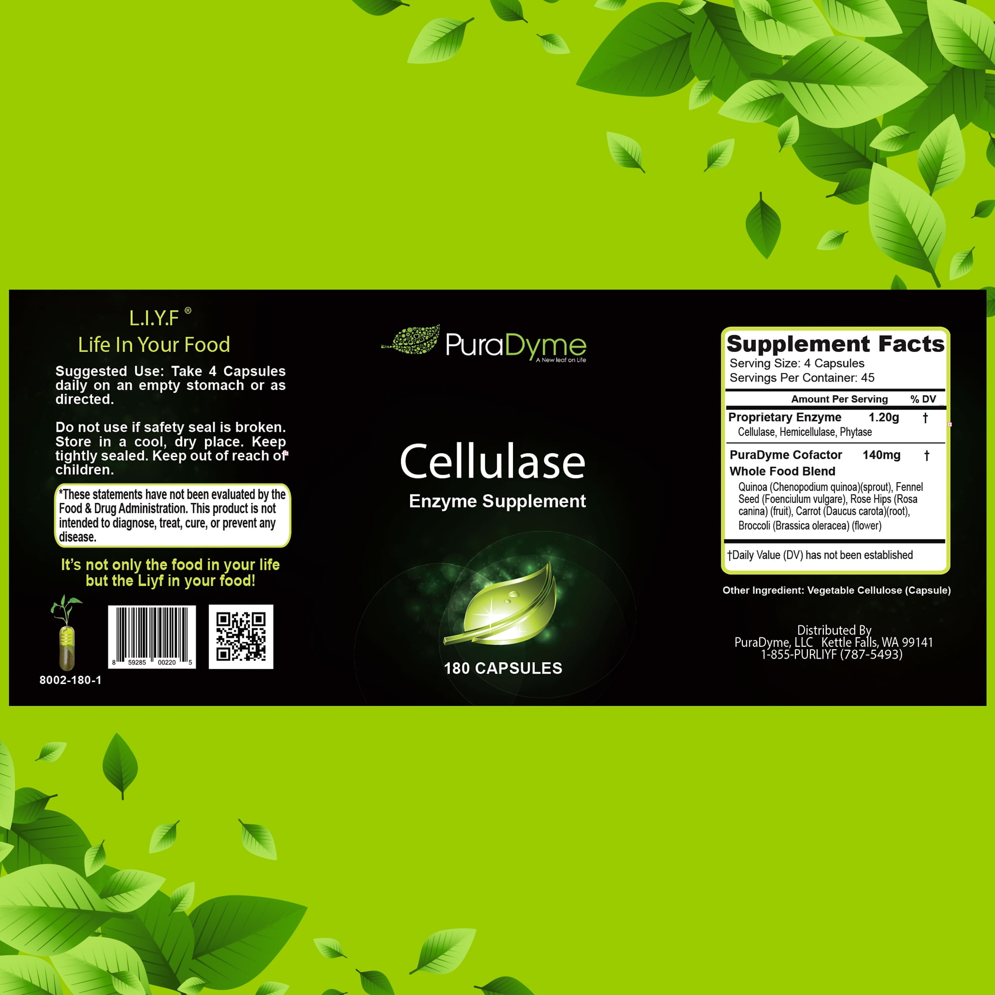 PuraDyme Cellulase Digestive Enzymes, Digestion Supplement for Women and Gut Health (180 Caps)