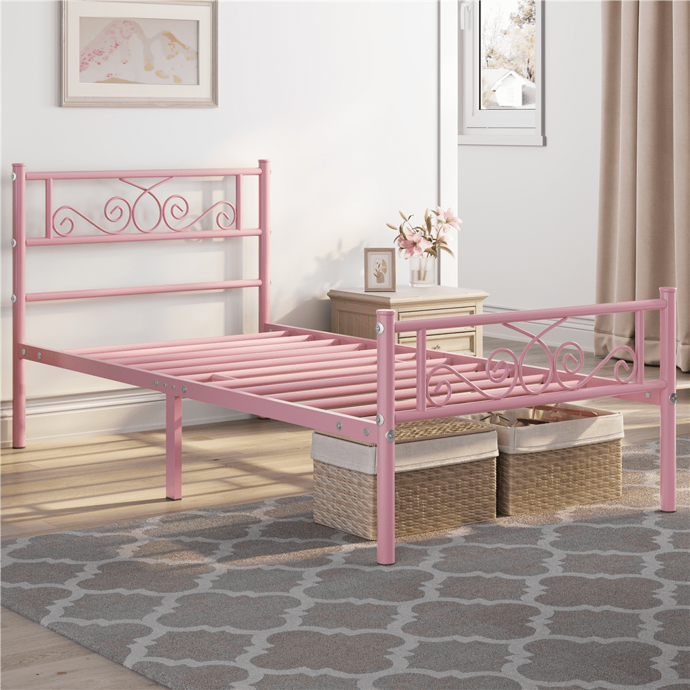 Renwick Graceful Scroll Metal Platform Bed with Headboard and Footboard, Twin, Pink