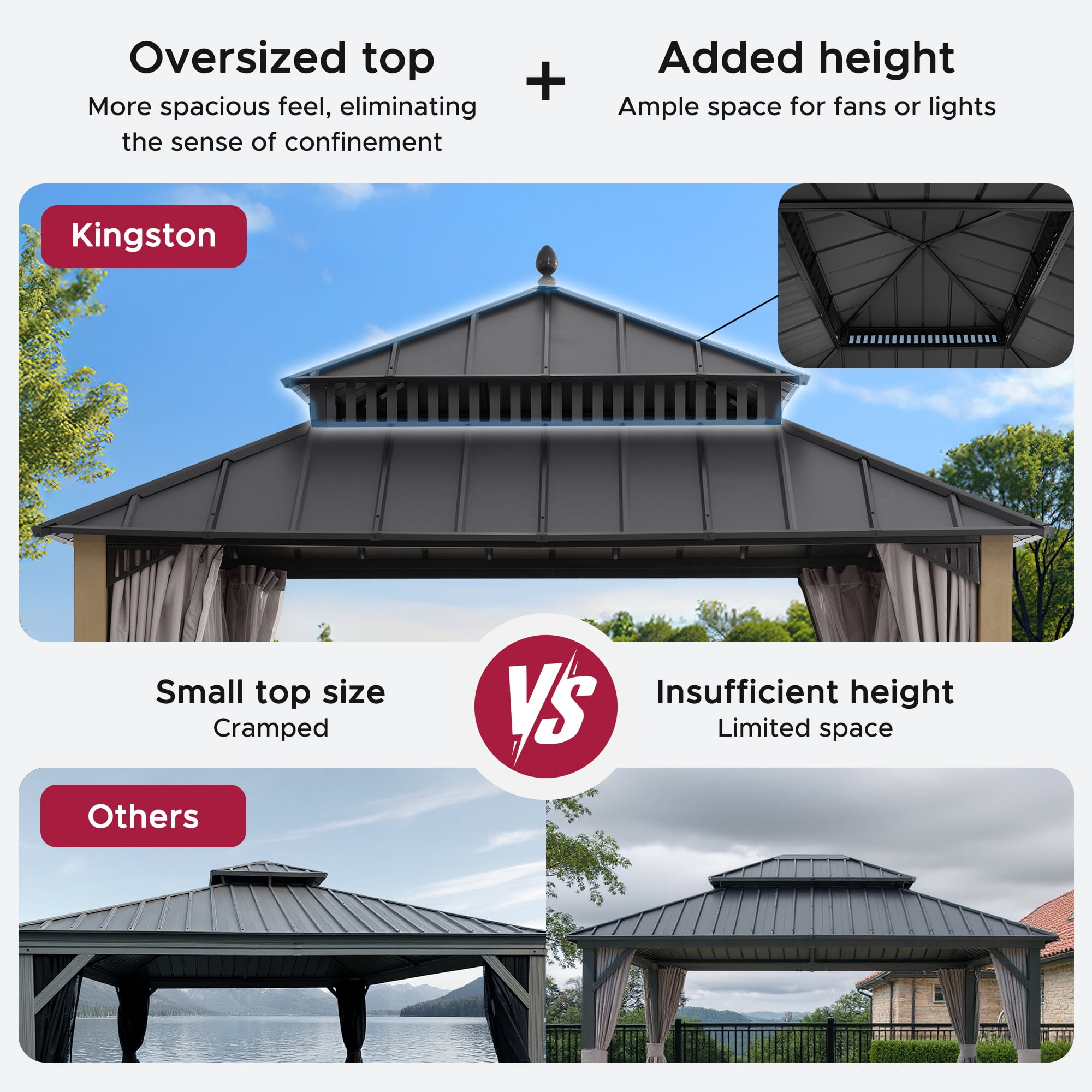 SUNJOY Kingston 12x12 Gazebo, Steel Hardtop Gazebo with Curtain and Netting - Cedar Posts