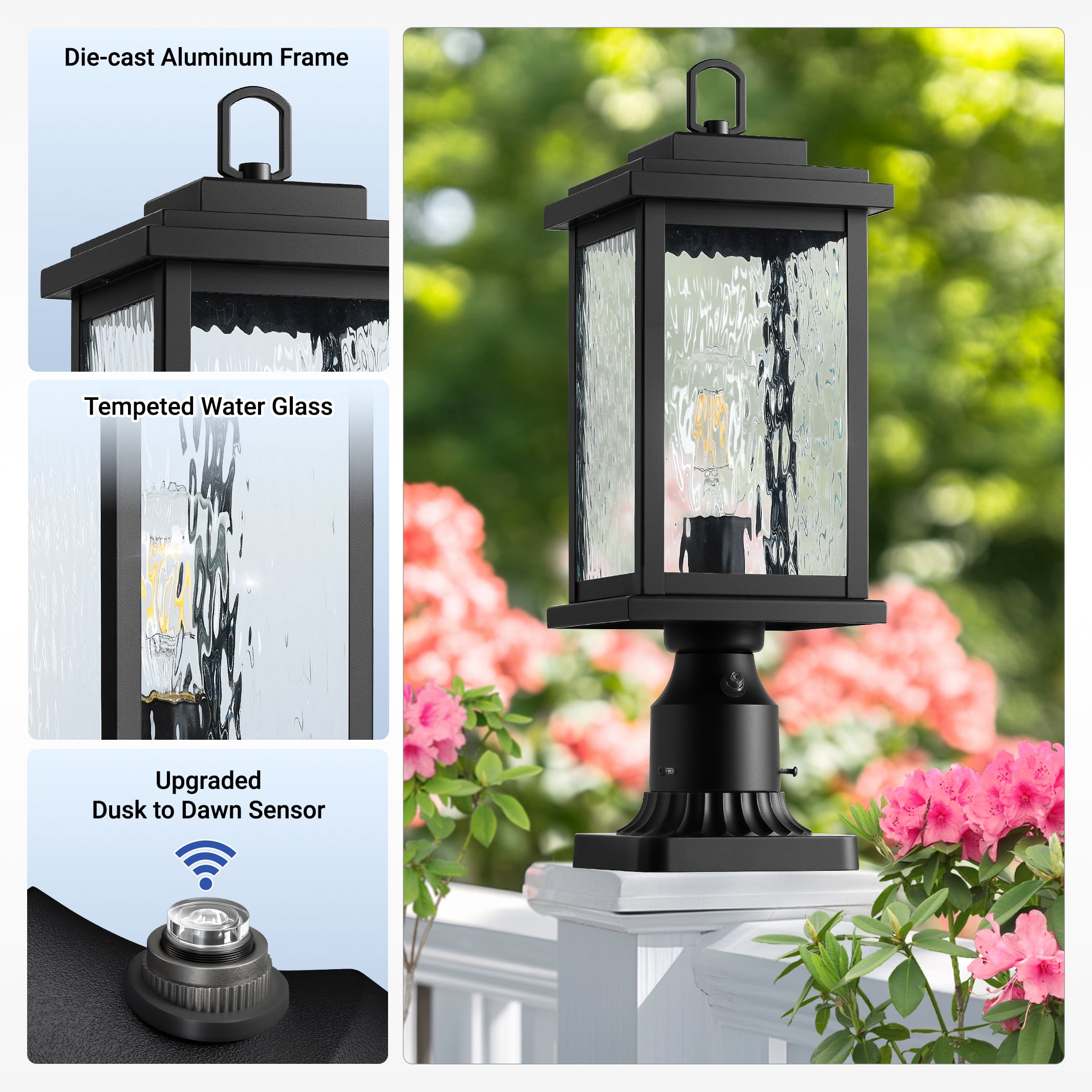 VIANIS Large Dusk to Dawn Outdoor Post Lights, Black Hardwired Waterproof Outdoor Lamp Post with Pier Mount Base, 3-inch Aluminum Outside Post Light with Tempered Glass for Garage, Garden