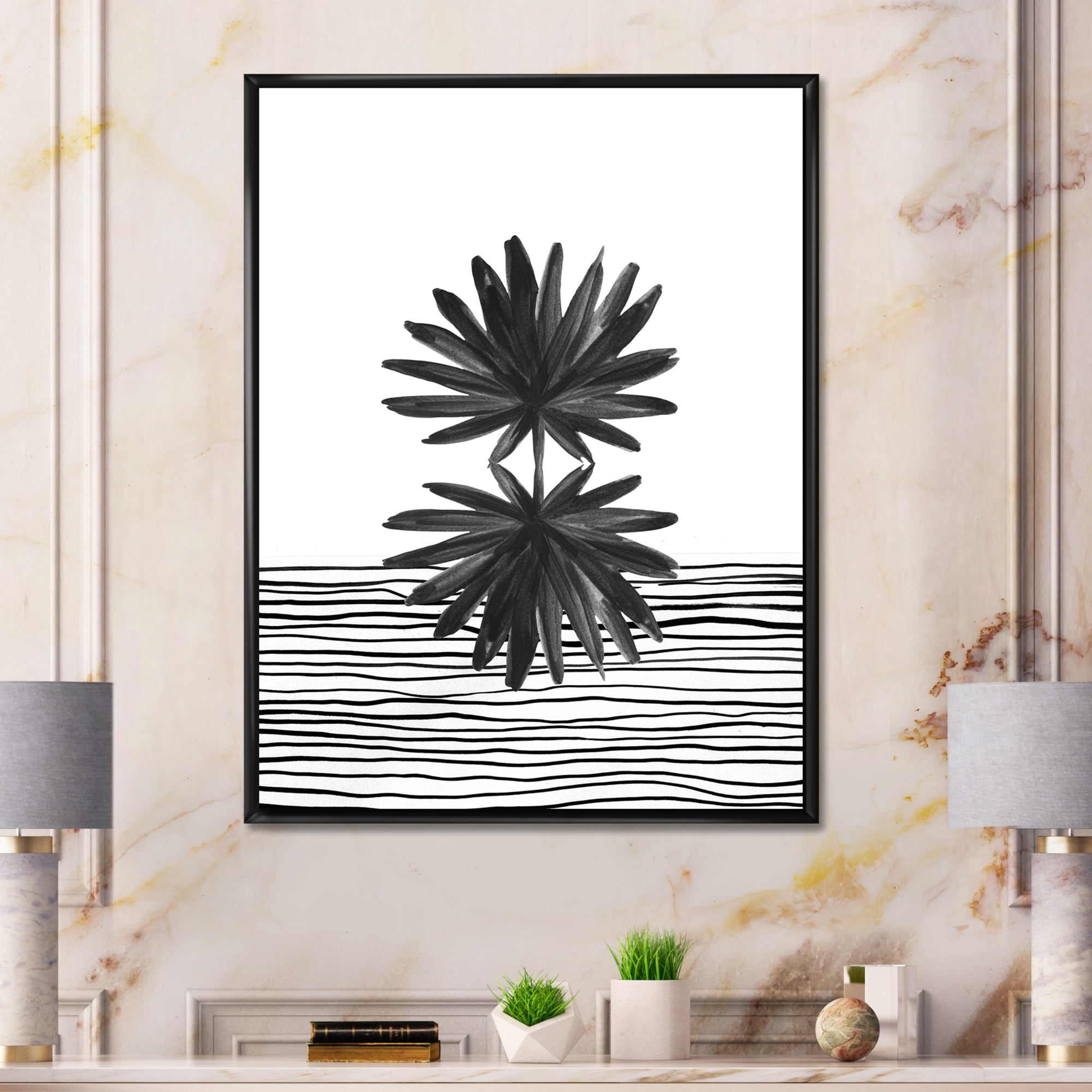 Designart 'Black and White Striped Under Tropical Leaf II' Modern Framed Canvas Wall Art Print
