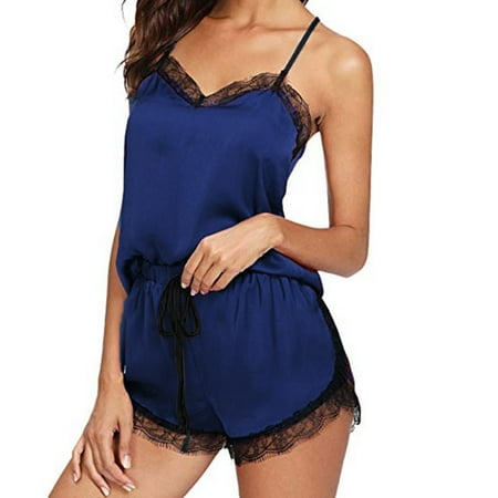 

TANGNADE Intimates Women Sleepwear Sleeveless Strap Nightwear Lace Trim Satin Cami Top Pajama Sets