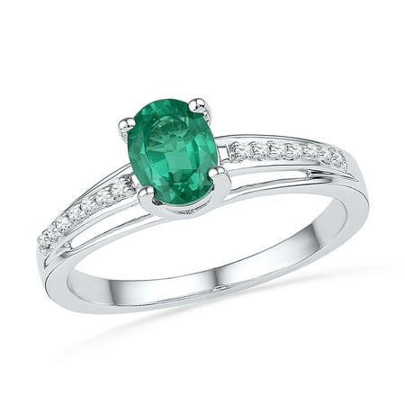 Prong Set Solitaire Ring - Size - 7 - Solid 10k White Gold Oval Round Green Simulated Emerald And White Diamond Engagement Ring OR Fashion Band Prong Set Solitaire Shaped Ring (.07 cttw)