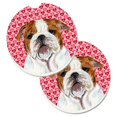 

Carolines Treasures SS4484CARC Bulldog English Hearts Love Valentines Day Set of 2 Cup Holder Car Coasters Large