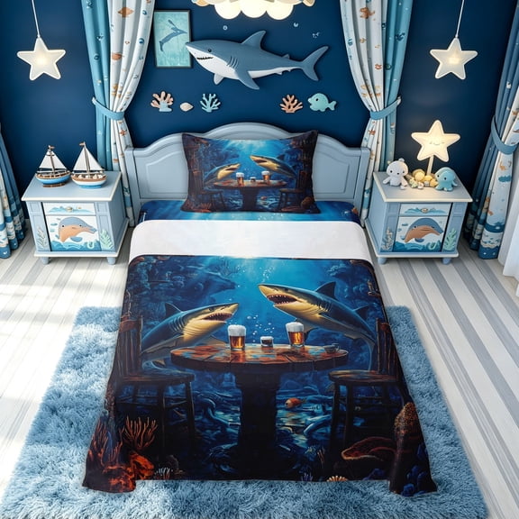 meiyoeat Ocean Navy Shark Twin Sheets for Men Boys, Kawaii Coastal Animal Bedding, 3 Pieces, 1 Flat Sheet, 1 Fitted Sheet and 1 Pillowcase