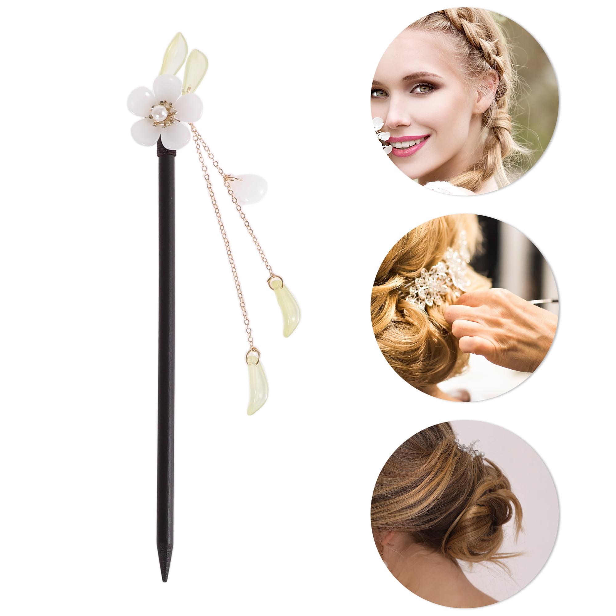 Unique Bargains Hair Stick Pin for Women 1 Pc Black, White [Retro Style Flower Tassel]