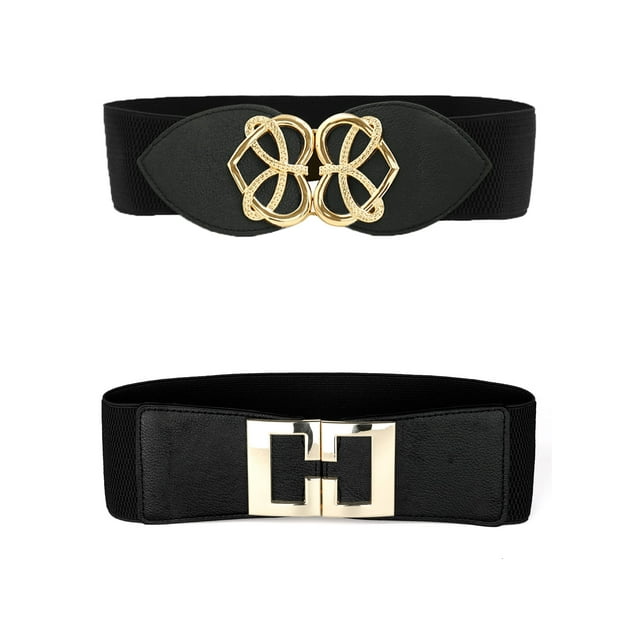 Cinturones elásticos inspiradores para mujeres de 2 piezas, cinturón de hebilla de metal para vestido negro y negro-3