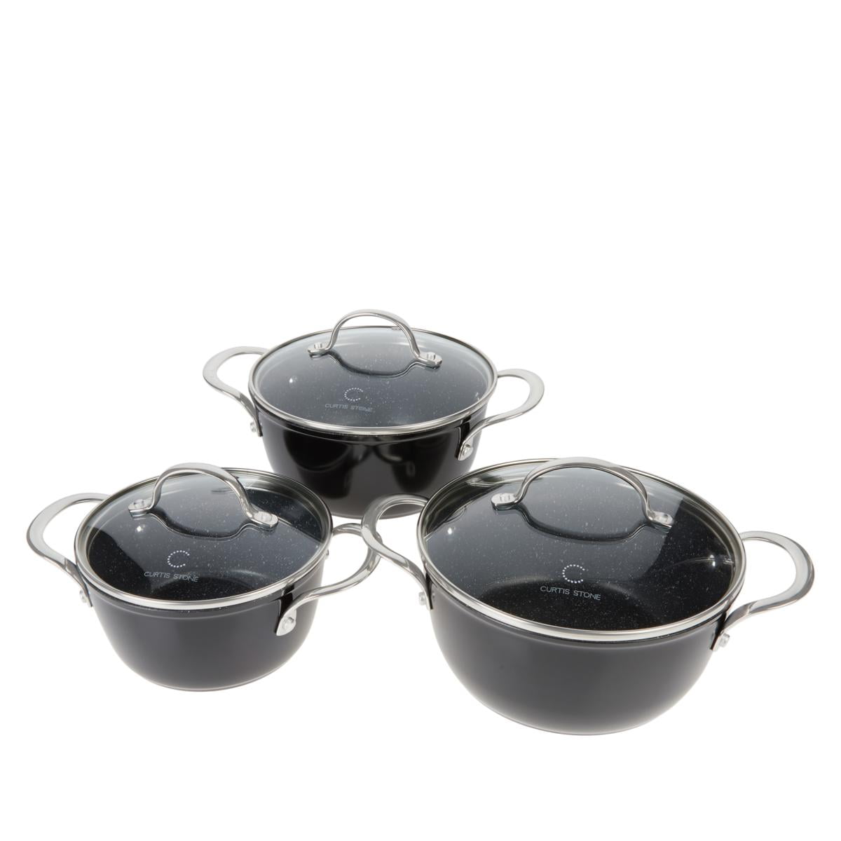 Curtis Stone 6piece DuraPan Nonstick Nesting Saucepan Set Open Box
