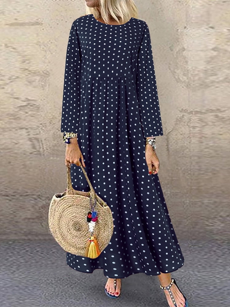 ZANZEA Women Spotted Dotted Polka Dot Dress Kaftan Long Sleeve Maxi