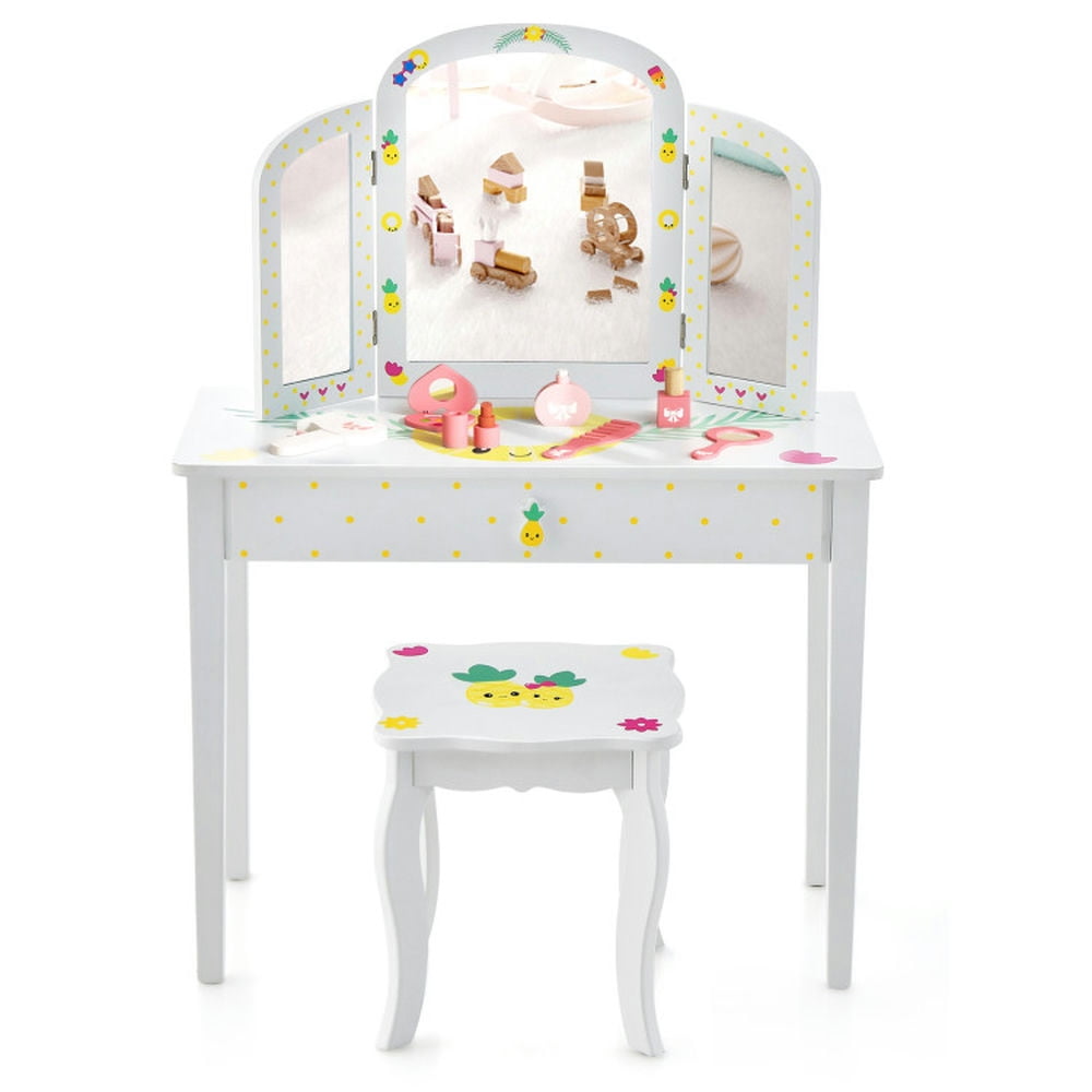 GVN Kids Vanity Table Set with Tri-Folding Mirror and Large Drawer-White, Kids Vanity Table and Chair Set for Girls Kids GVN Kids Vanity Table Set with Tri-Folding Mirror and Large Drawer-White, Kids Vanity Table and Chair Set for Girls Kids