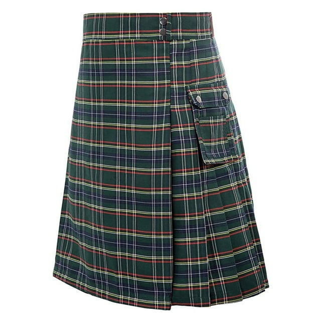 MenScottish Style Long Stilt Pants Plaid Contrast Color Pocket Open Leg Pants Pleated Skirt