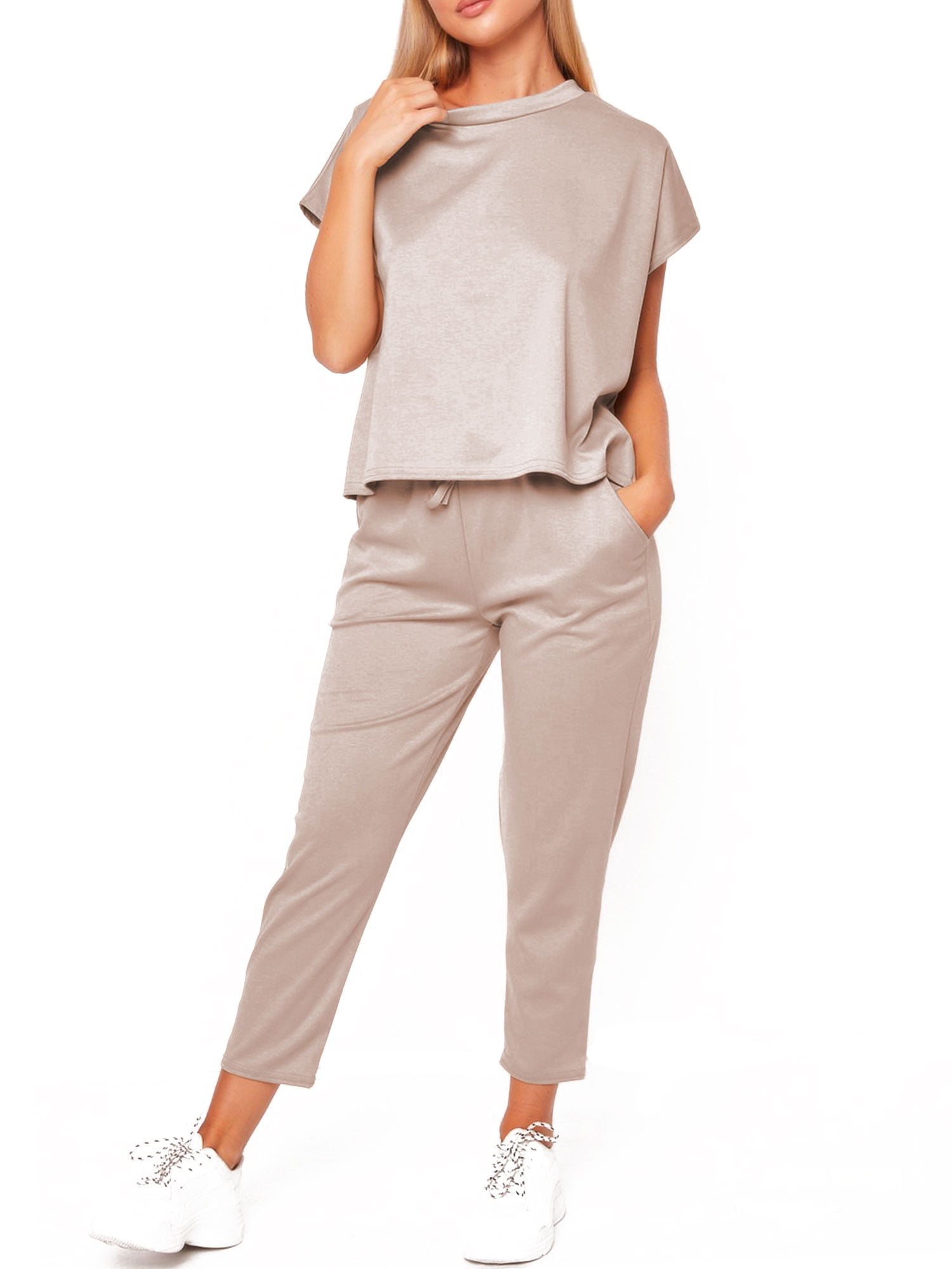 Women's Frill Ruched Short Puff Sleeve Top Bottom Lounge Wear Boxy Tracksuit Set 