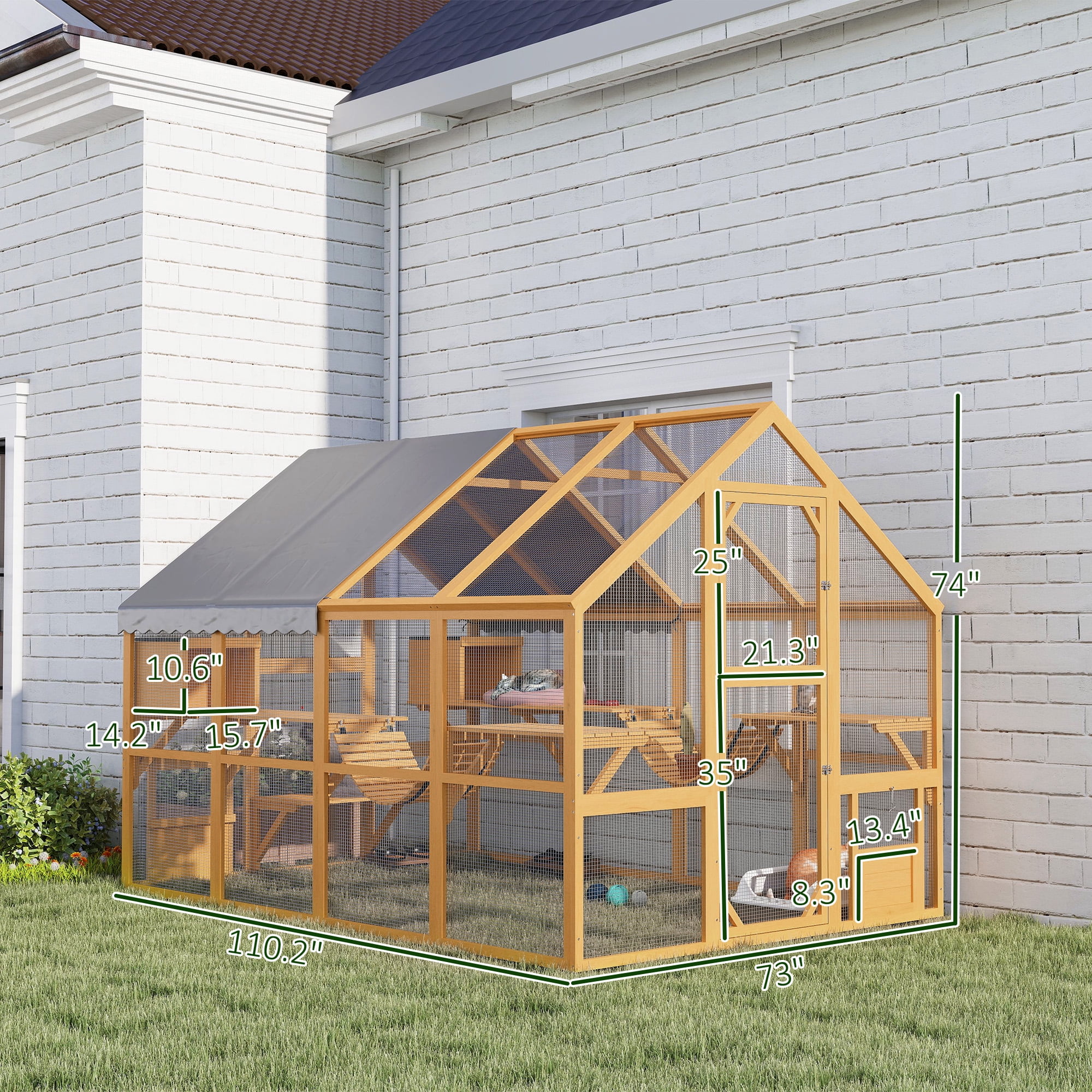 PawHut Large Catio Outdoor Cat Enclosure, Wooden Cat House for Multiple Kittens with Waterproof Cover, 2 Condos, 6 Platforms, Bridge, Doors, Yellow