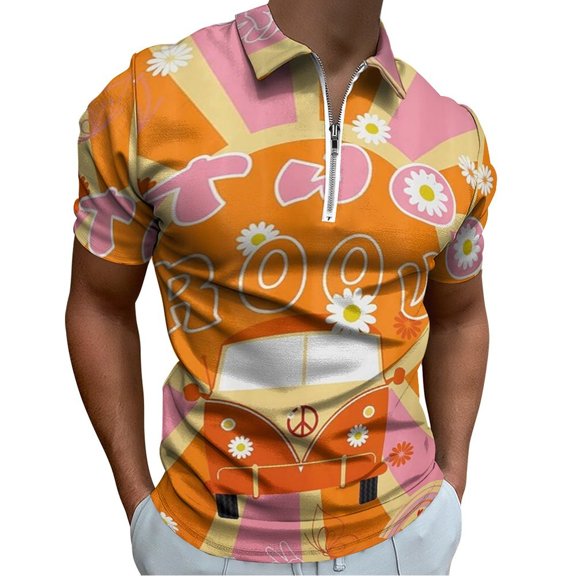 Two Groovy Men Zipper T-shirt Summer Casual Short Sleeve T-shirt Top